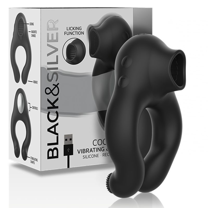 Penisring Black&Silver Cock Ring mit Zungenfunktion und 3 Motoren Schwarz