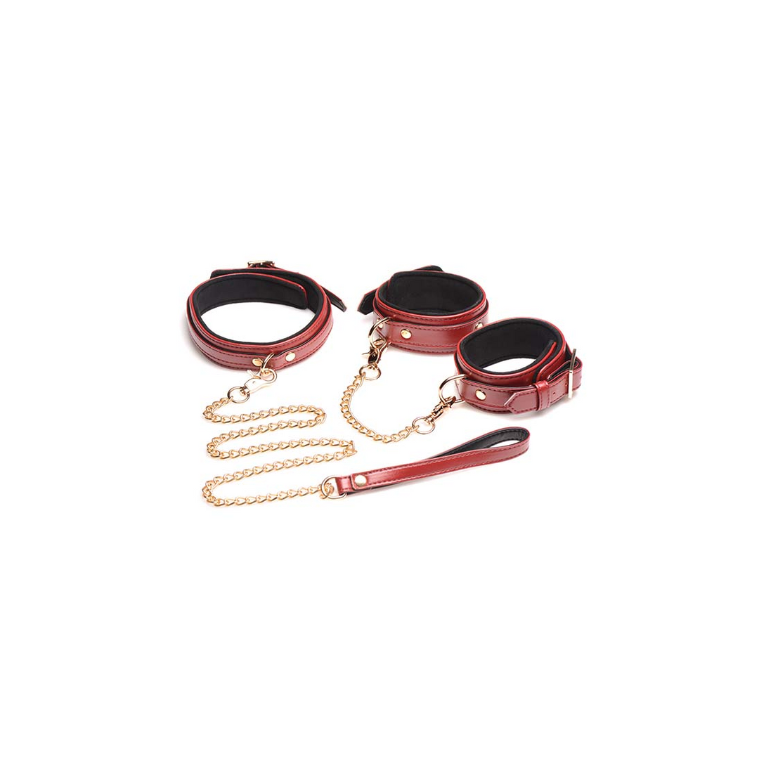 Bondage-Set Master Series 6 Teile mit Handschellen Halsband und Leine PU-Leder Burgunderrot