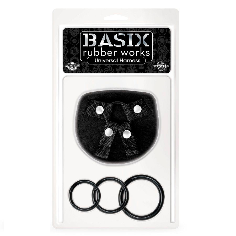 Strap-on-Geschirr Basix Rubber Works Universal mit drei O-Ringen Schwarz