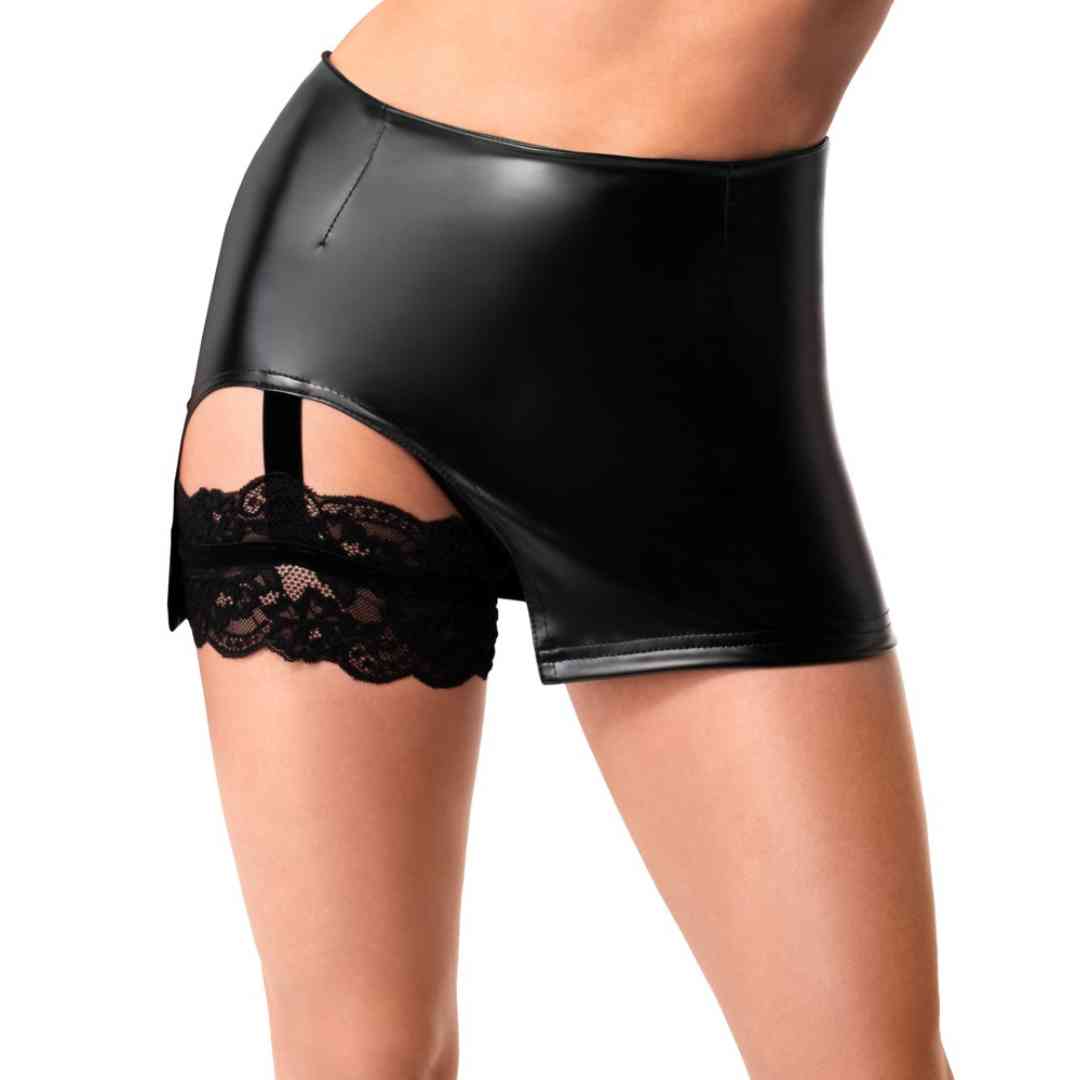 Wetlook Minirock mit Straps und Strumpfband
